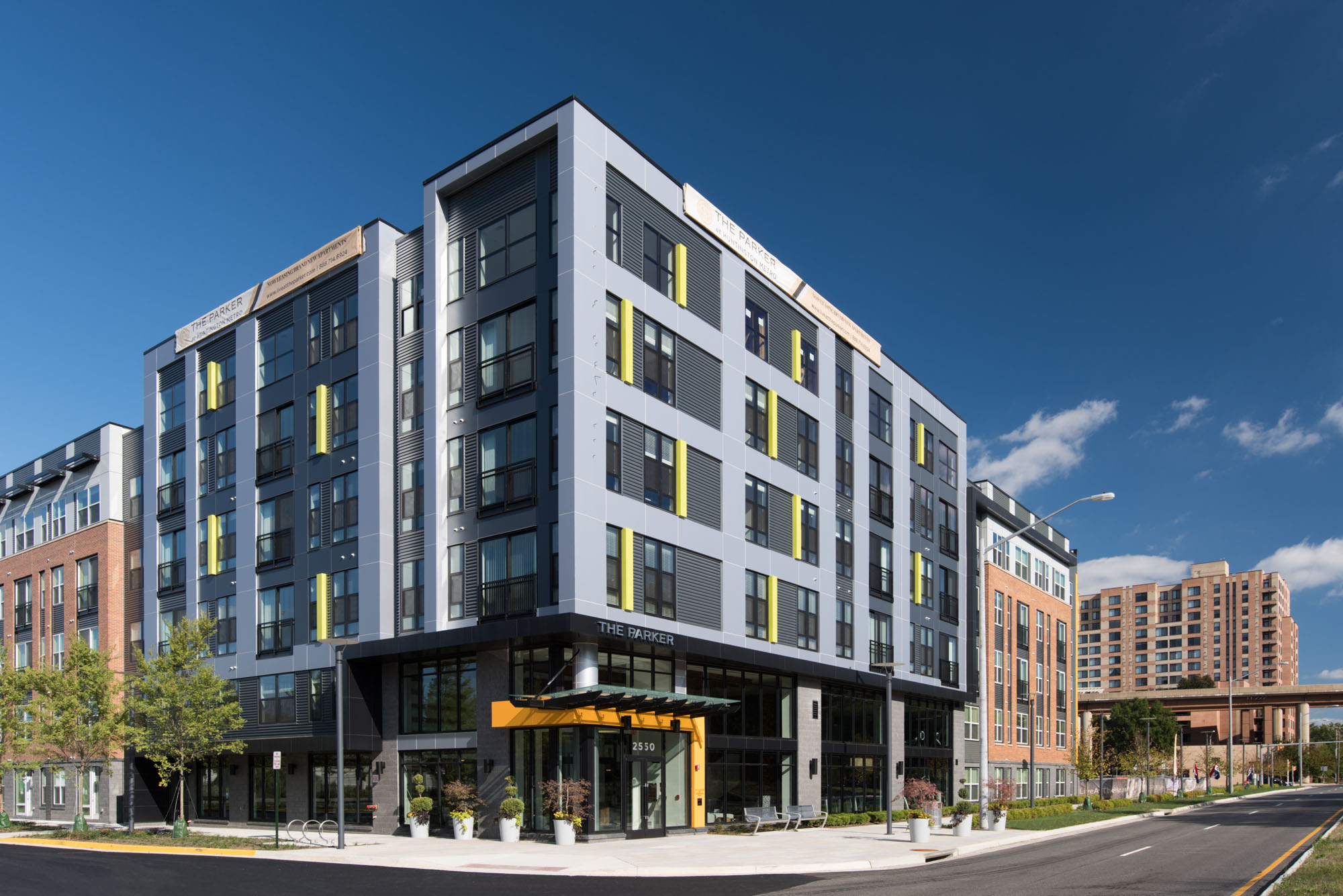 The exterior of The Parker at Huntington Metro apartments in Alexandria, VA.