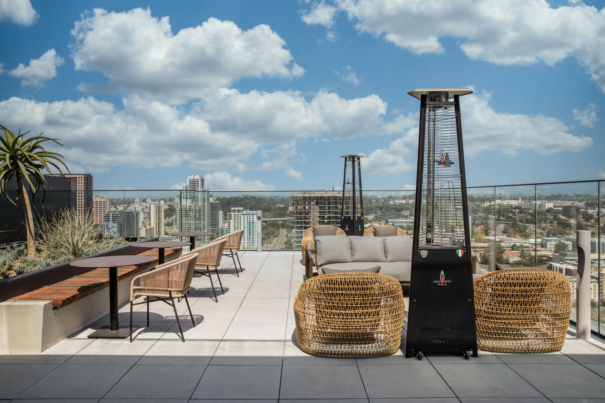 Outdoor terrace space at The Merian apartments in San Diego, California.