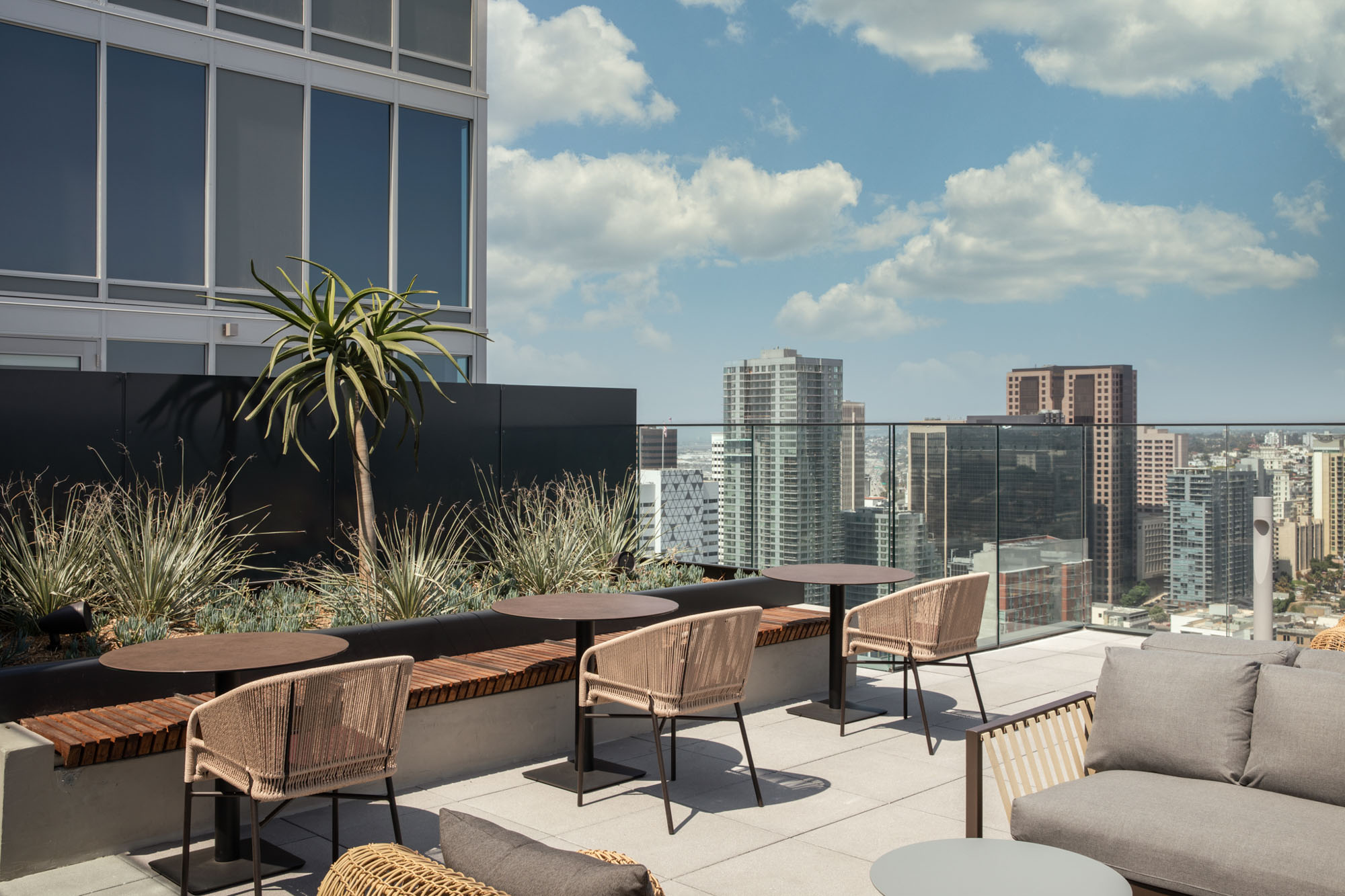 Outdoor terrace space at The Merian apartments in San Diego, California.