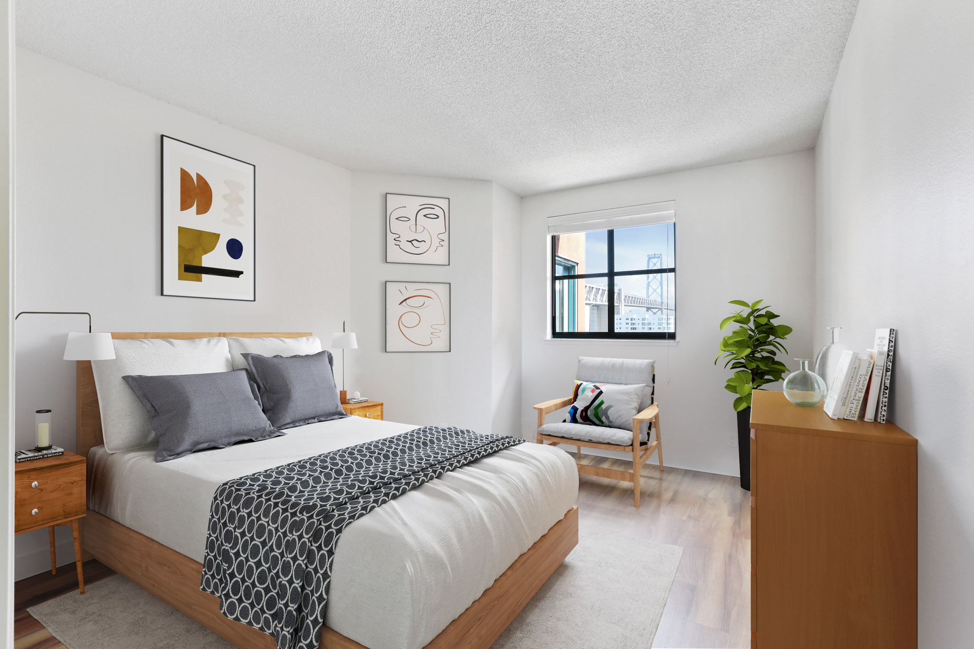 A bedroom in Bayside Village in San Francisco.