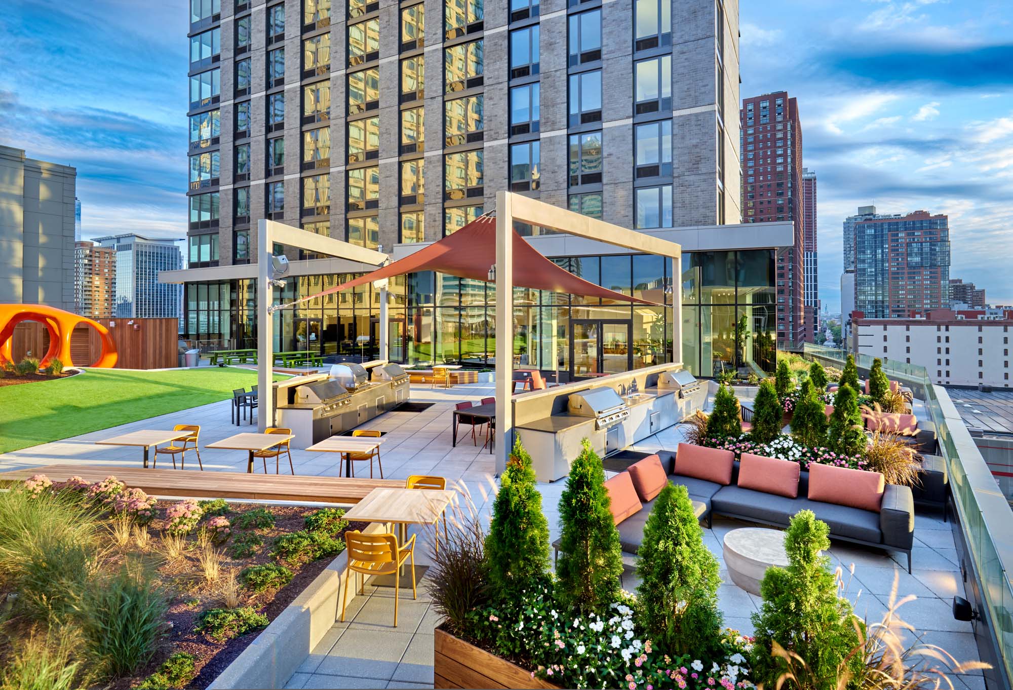 The grilling stations at VYV apartments in Jersey City, New Jersey.