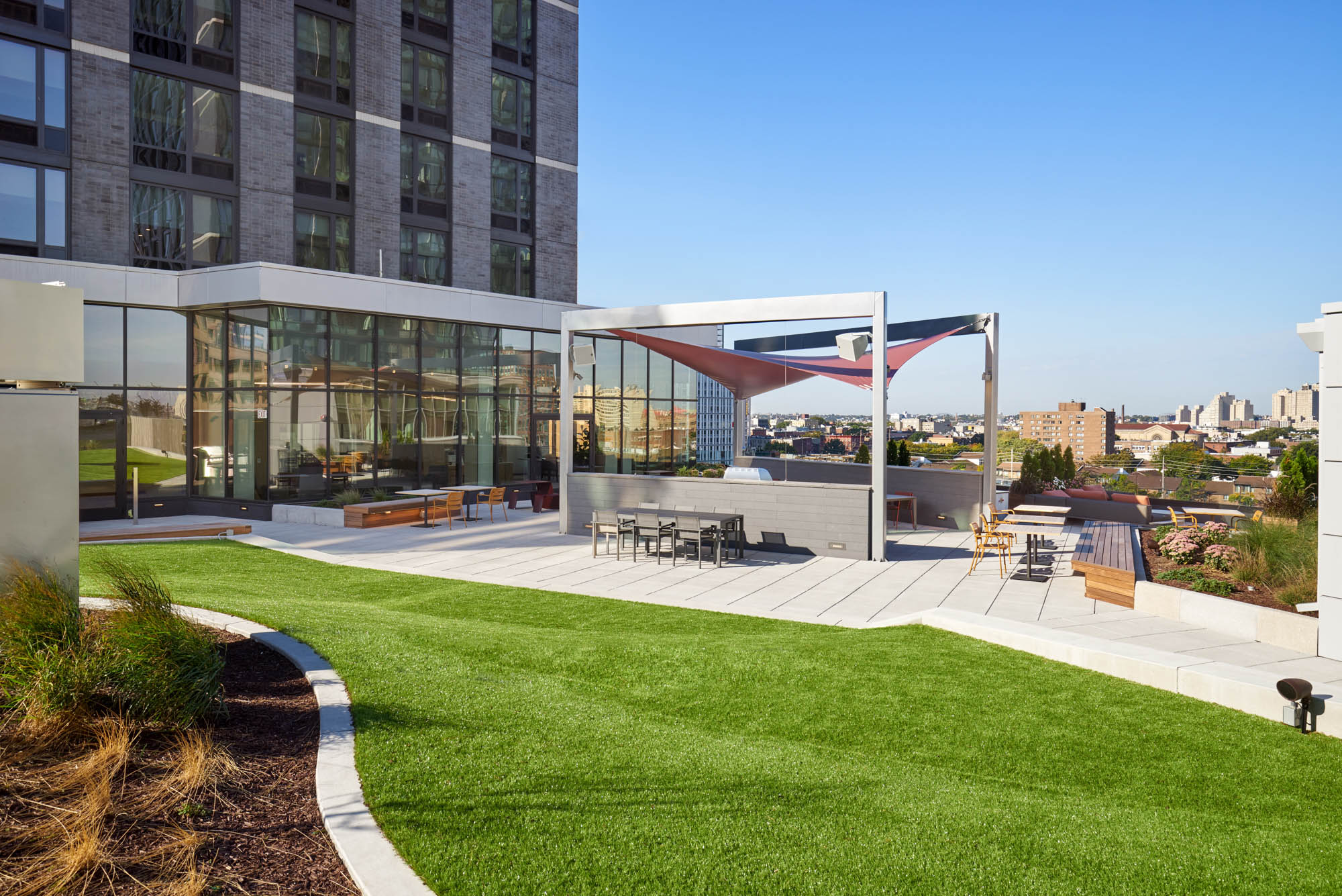 The outdoor terrace at VYV apartments in Jersey City, New Jersey.