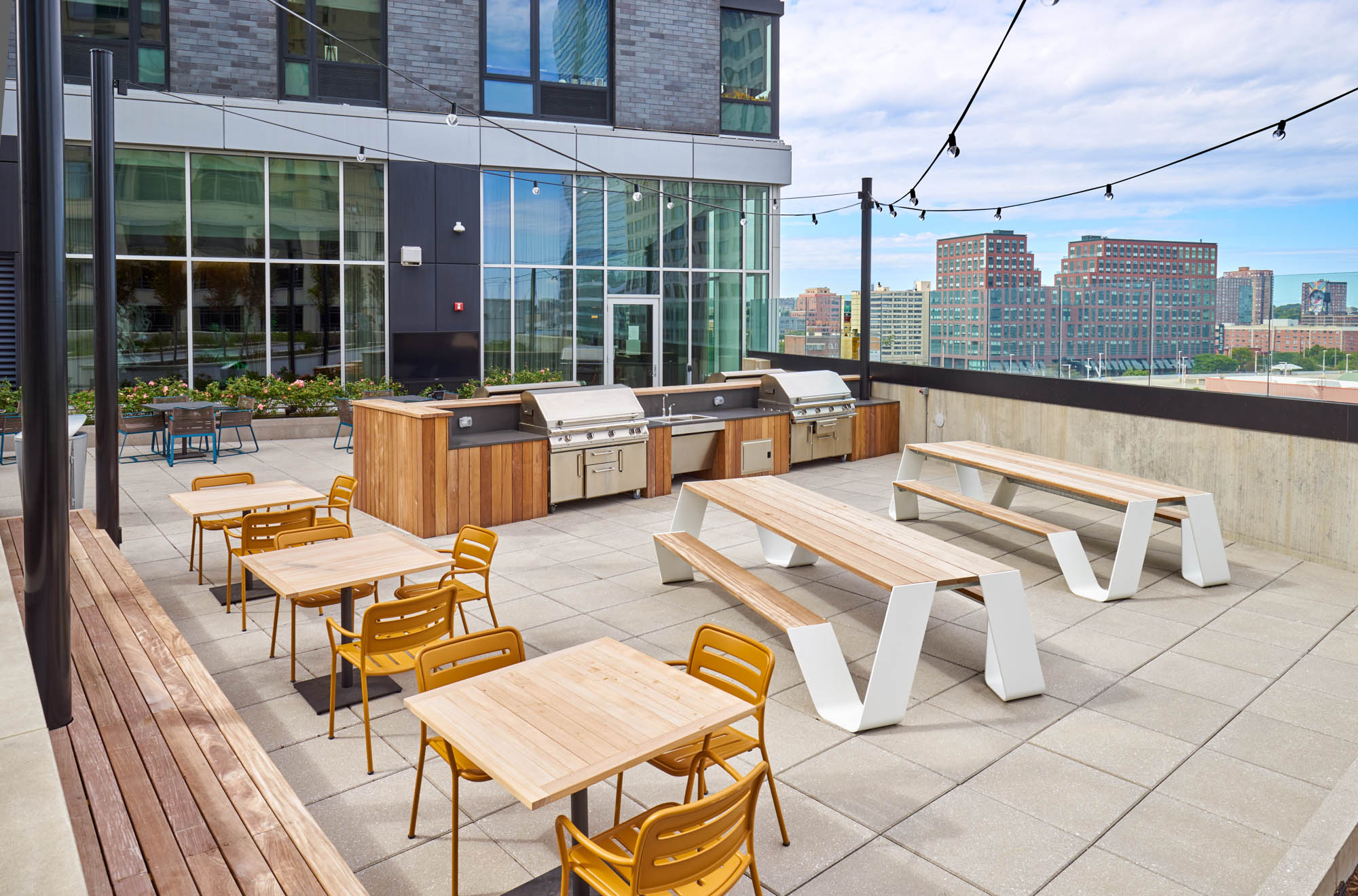 The grilling stations at VYV apartments in Jersey City, New Jersey.