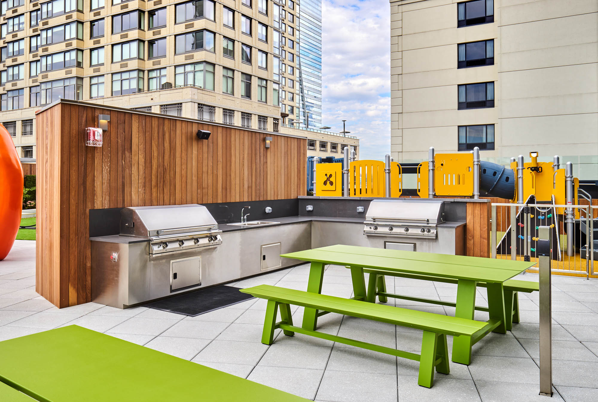 The grilling stations at VYV apartments in Jersey City, New Jersey.