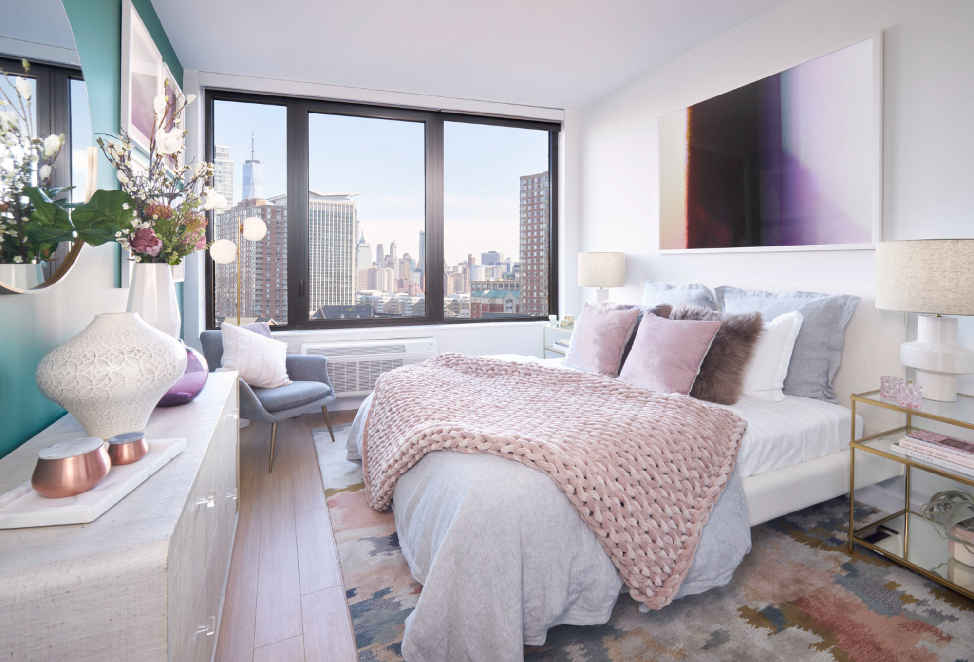 The bedroom in a VYV apartment in Jersey City.