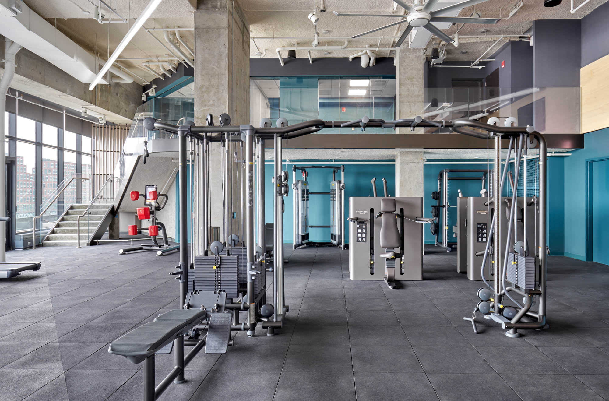 The fitness center at VYV apartments in Jersey City, New Jersey.