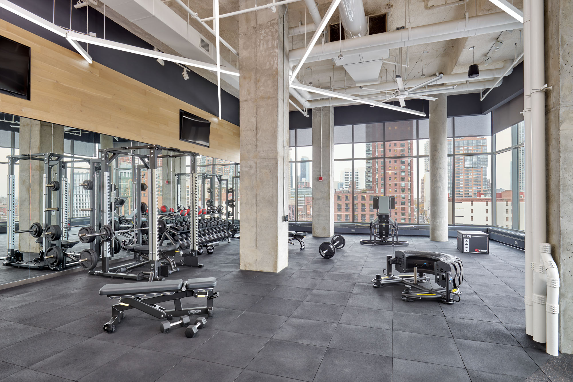 The fitness center at VYV apartments in Jersey City, New Jersey.