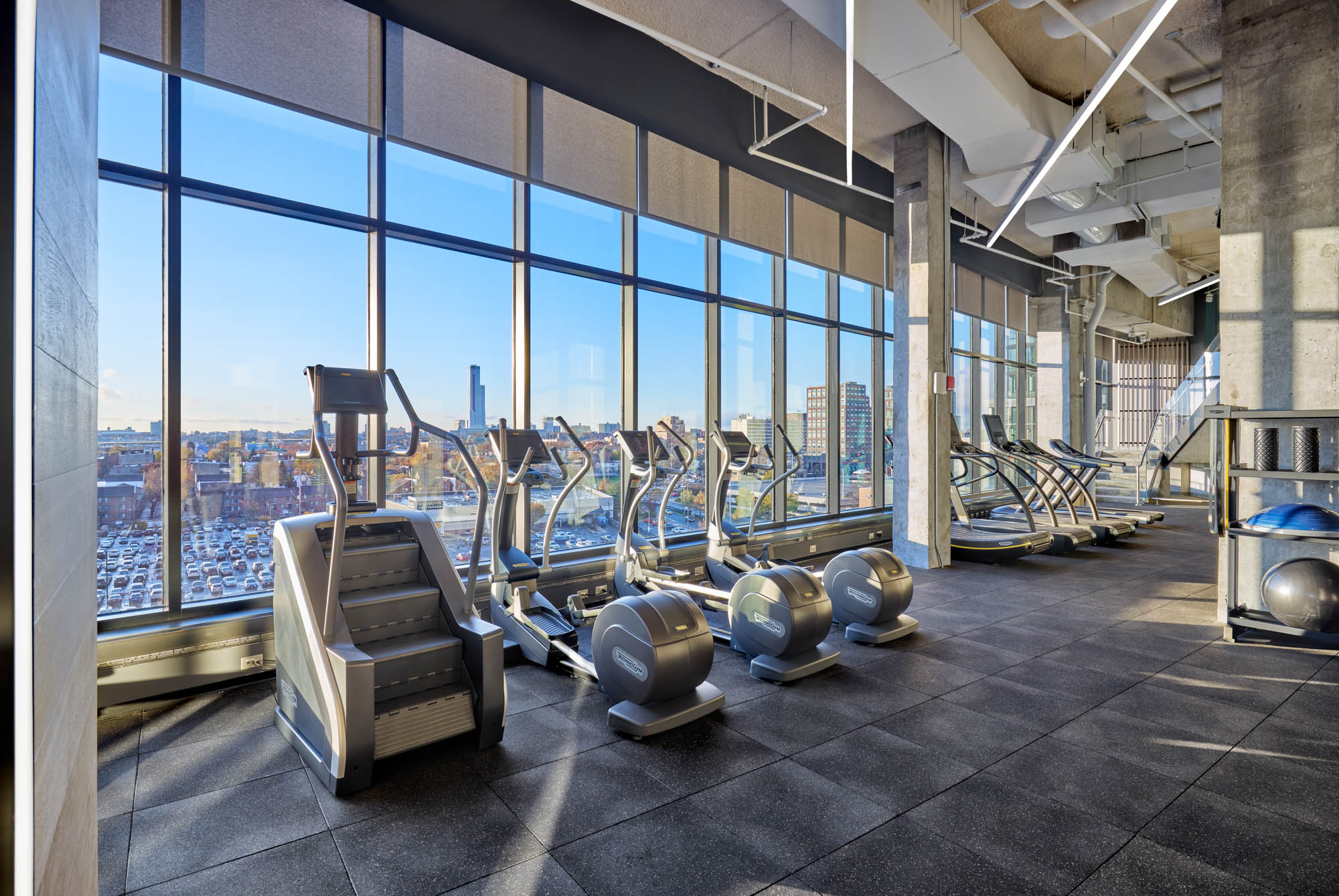 The fitness center at VYV apartments in Jersey City, New Jersey.