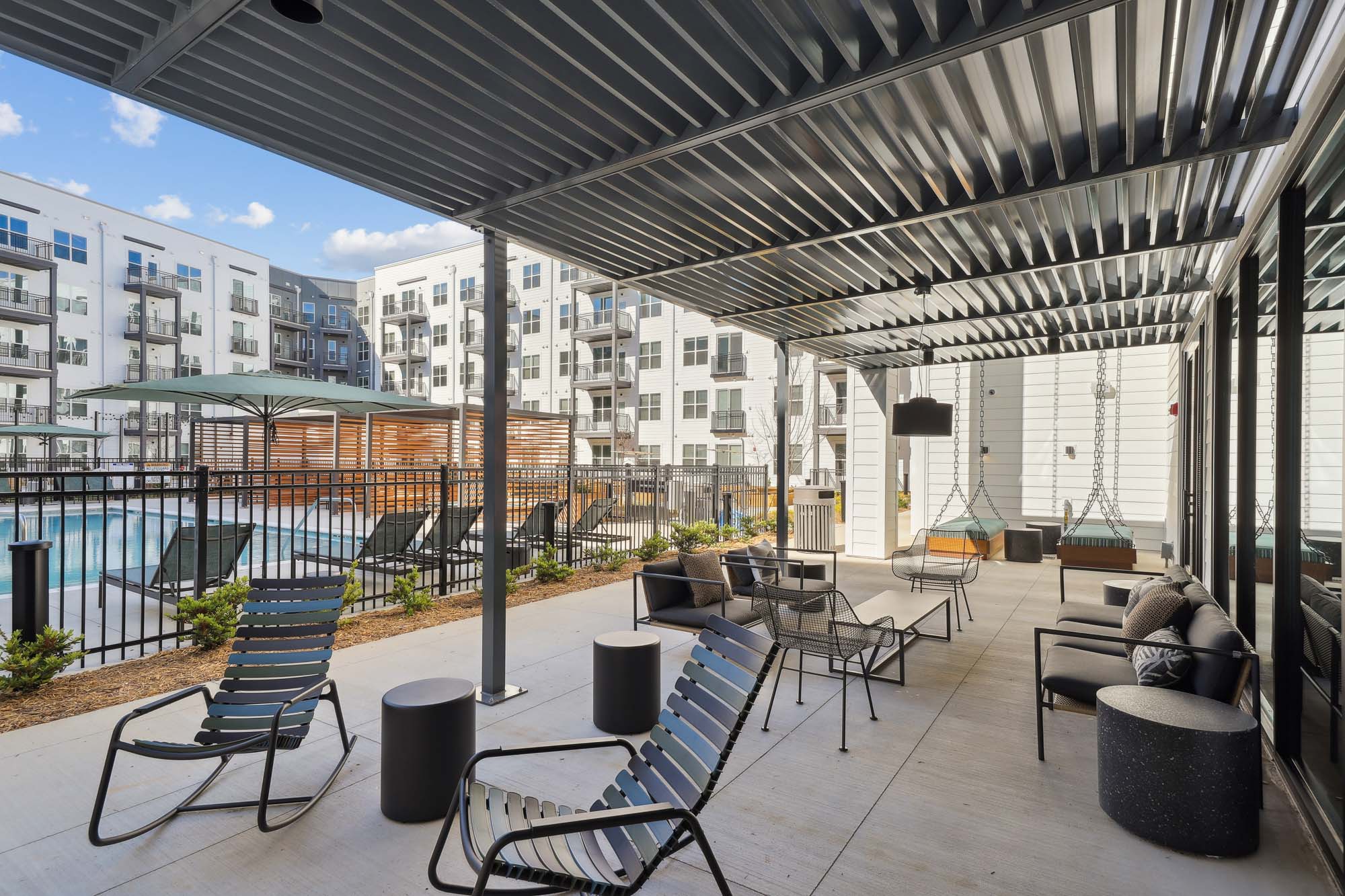 The outdoor terrace at Tallulah apartments in Atlanta, Georgia.