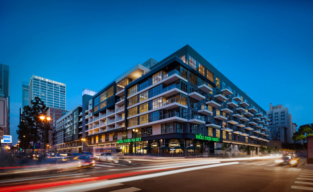 The exterior of 8th and Grand apartments in Los Angeles, California.