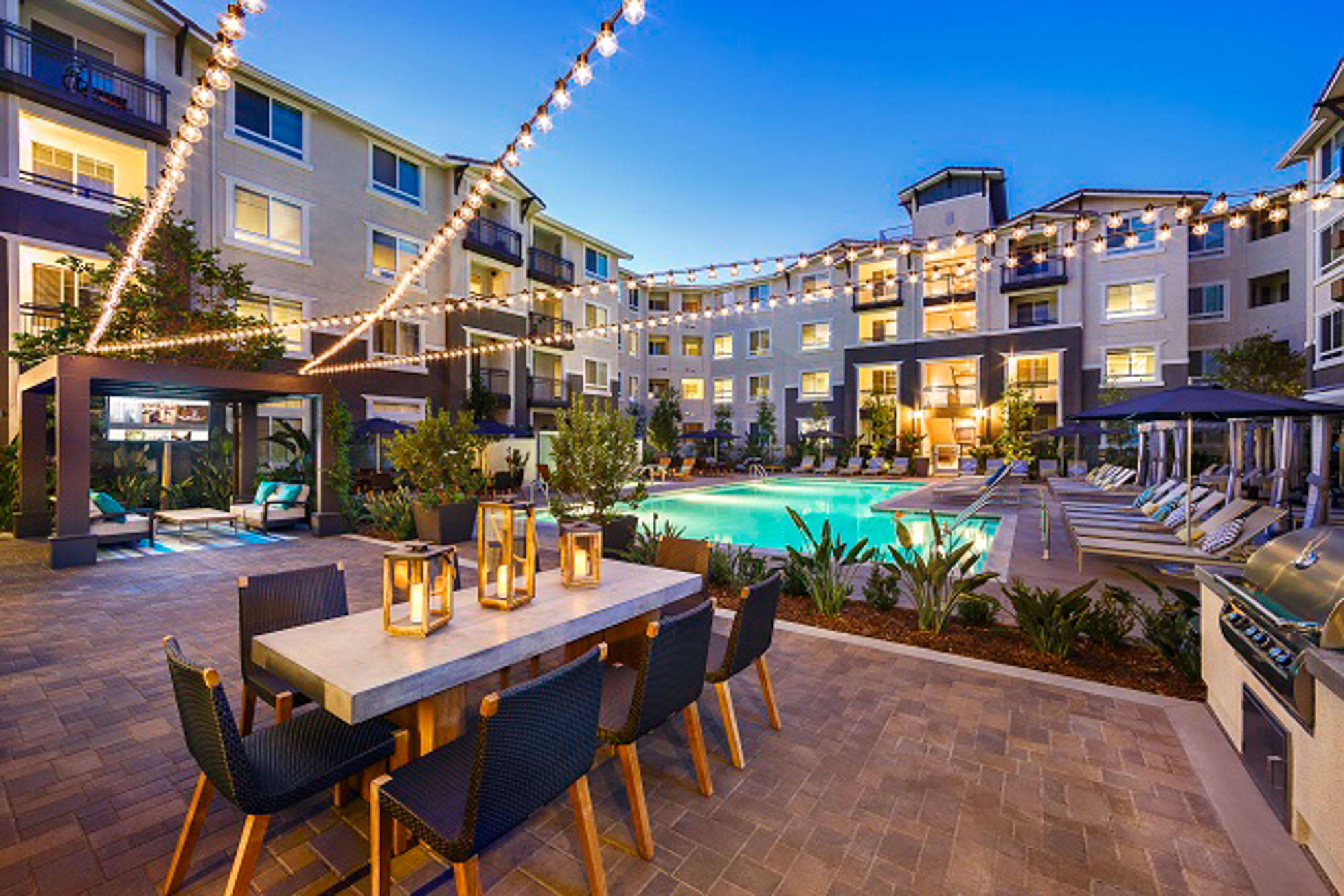 The pool deck at The Adler apartments in Los Angeles, California.