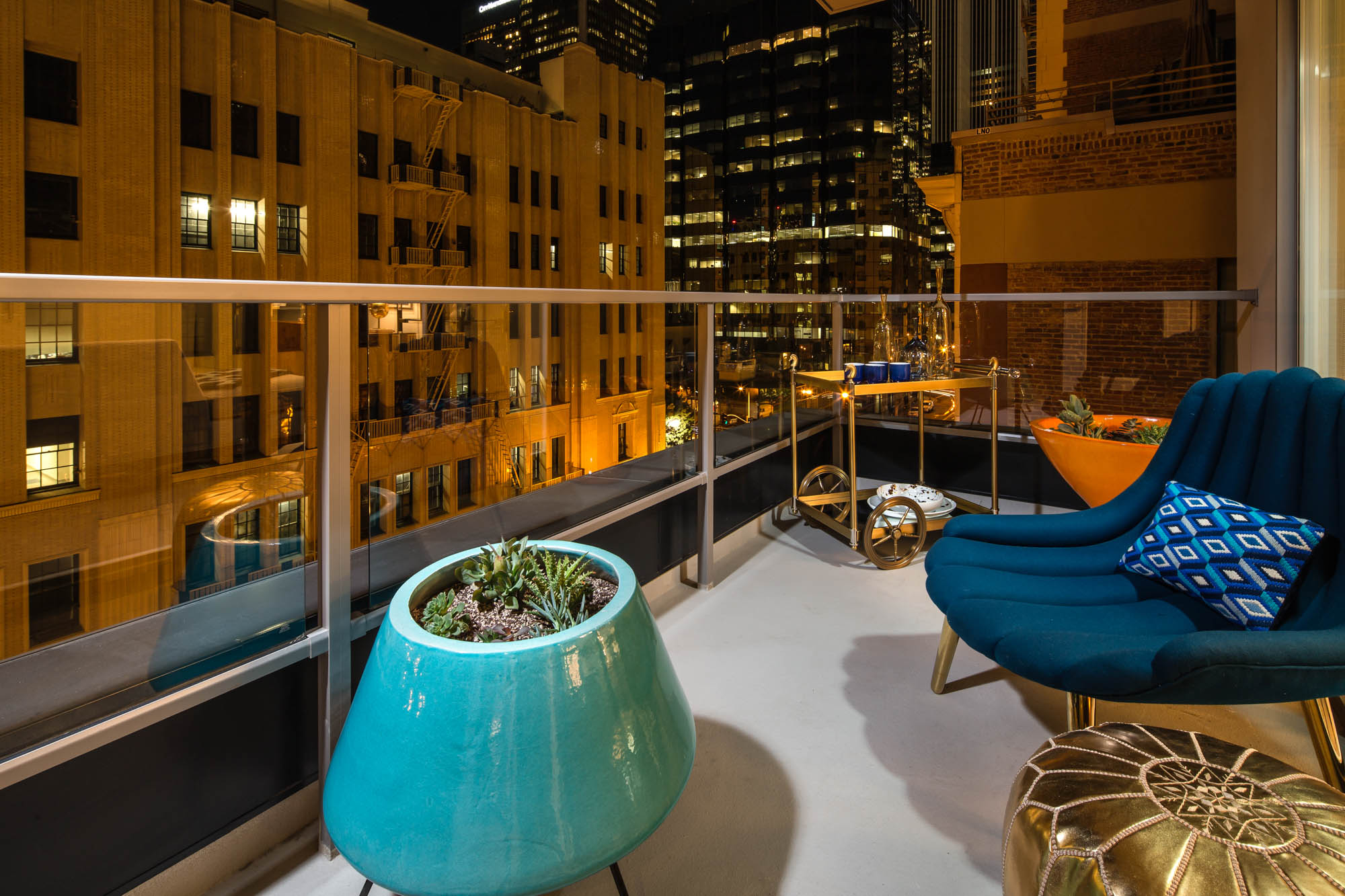 A balcony at 8th and Grand apartments in Los Angeles, California.