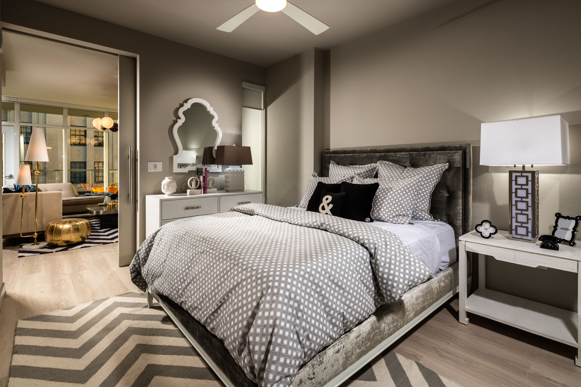 A bedroom at 8th and Grand apartments in Los Angeles, California.