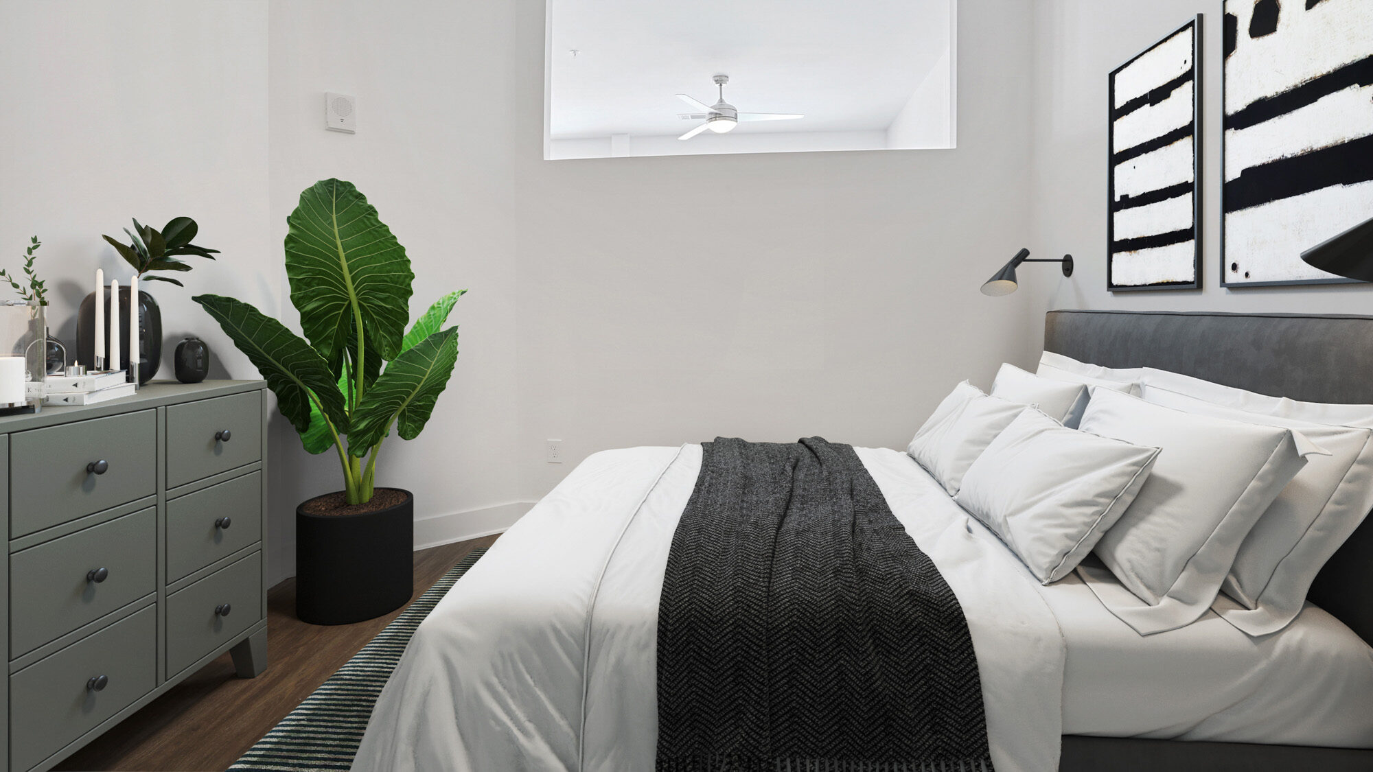 A bedroom at The Burnham apartments in Nashville, TN.