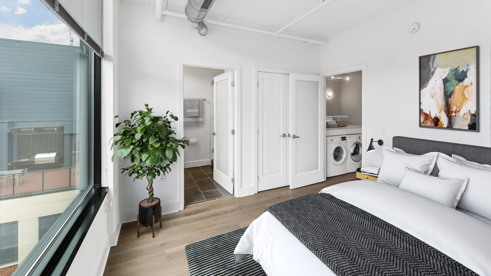 The bedroom in a Foundry Lofts apartment in Washington, D.C.